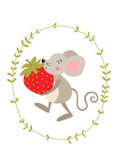 Illustration with a cute mouse carrying a red strawberry inside an oval leaves border