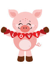 Loving pig holding a love red heart flag garland