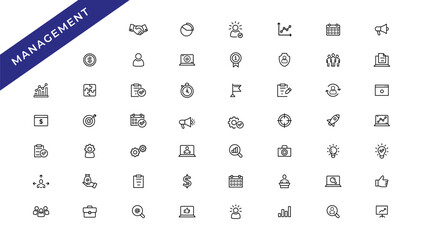 Business Management Outline Icon Collection. Thin Line Set contains such Icons as Vision, Mission, Values, Human Resource, Experience and more. Simple web icons set.