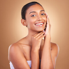 Beauty, skincare and relax with portrait of indian woman in studio for happy, spa and facial....