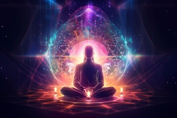 Eine Person in einer meditativen Pose auf einer Yoga-Matte mit geschlossenen Augen und symbolischen Elementen im Hintergrund, was die Verbindung von Yoga und Esoterik darstellt. (Generative AI)