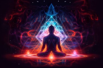 Eine Person in einer meditativen Pose auf einer Yoga-Matte mit geschlossenen Augen und symbolischen Elementen im Hintergrund, was die Verbindung von Yoga und Esoterik darstellt. (Generative AI) - obrazy, fototapety, plakaty