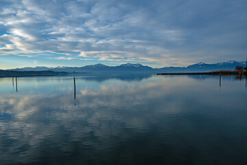 view over Chiemsee lake with the alps at the horizon