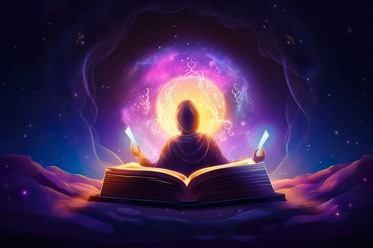 Eine Person in einer meditativen Pose auf einer Yoga-Matte mit geschlossenen Augen und symbolischen Elementen im Hintergrund, was die Verbindung von Yoga und Esoterik darstellt. (Generative AI)
