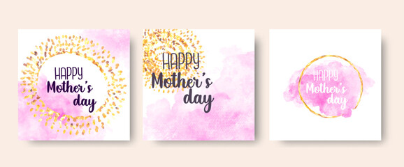 Trendy abstract square art templates with watercolor and gold elements. Happy mother's day