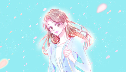 輝く女性のイメージ　ビジネスパーソン　桜吹雪