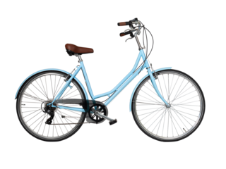 Blue retro bicycle, side view. Brown leather saddle and handles. Vintage look city bike. Png isolated on transparent background