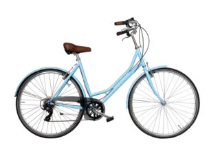 Abwaschbare Fototapete Fahrrad Blue retro bicycle, side view. Brown leather saddle and handles. Vintage look city bike. Png isolated on transparent background