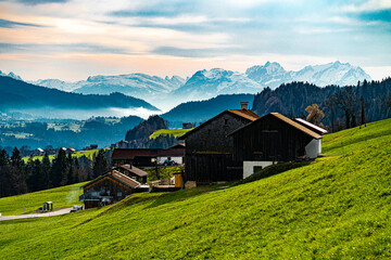 A, Vorarlberg, Bregenzerwald, Blick von Sulzberg auf das Alpsteingebirge mit Säntis, Altman, Hoher...