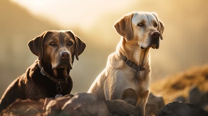 Active, and alert purebred labrador retriever dogs outdoors