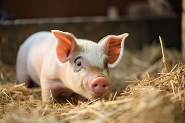Newborn piglet on a farm, little baby pig in a ranch.