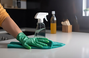 Close up of woman hand cleaning home table sanitizing table surface with spray bottle and towel wearing gloves. COVID-19 prevention sanitizing inside.