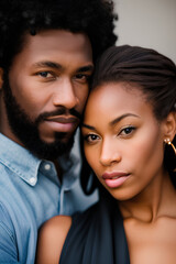 Beautiful black man and woman posing in front of the camera. Generative Artificial Intelligence.