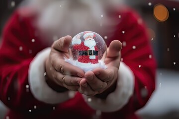 Santa Claus holding glass ball with little baby Santa Claus inside. Christmas time, x-mas.
