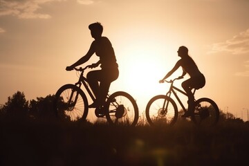 Obraz na płótnie Canvas Silhouette of Couple of young man and woman cycling together along the road at sunset time, Generative Ai 
