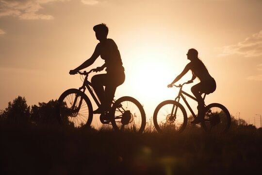 Silhouette of Couple of young man and woman cycling together along the road at sunset time, Generative Ai	
