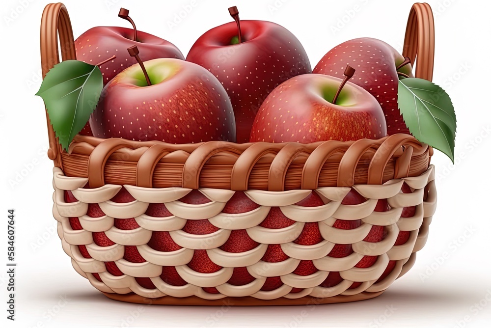 Poster isolated red apples in a wicker basket on a white background. generative ai
