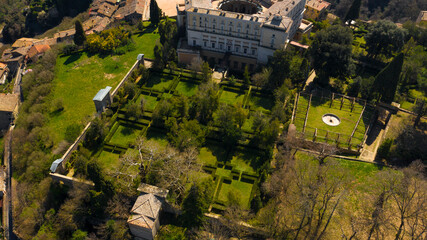 Aerial view of the gardens of Villa Farnese, a pentagonal mansion in Caprarola, near Viterbo,...