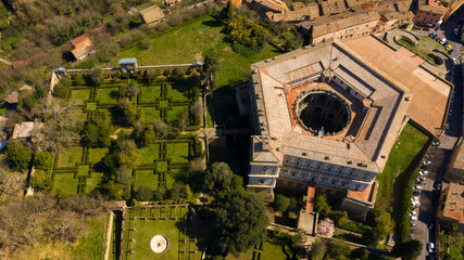 Aerial view of Villa Farnese and its gardens located in Caprarola, near Viterbo, Italy. It is a...