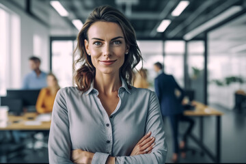 Business-Frau in Büro mit Blick in Kamera - Thema Karriere, Business oder Führungsposition oder Erfolg - Generative AI - obrazy, fototapety, plakaty