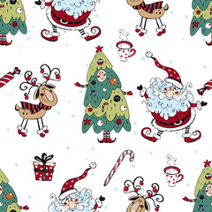 Christmas seamless pattern with Santa Claus, snowman and Christmas tree. Doodle style. Vector.