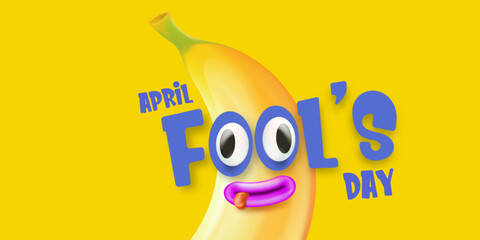 April Fools day funky horizontal banner with silly orange banana character isolated on yellow background. 1 st april fool day banner, poster, label, flyer and greeting card