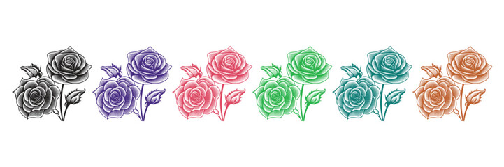 A Cute Roses set Six Color artwork coloring page, coloring book, leaves, black outline hand drawn sketch. Vector element for natural, wedding design, plant, botanical illustration.