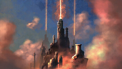 Flying fantastic city against the background of a sunset sky among the clouds. 2d illustration © Iobard