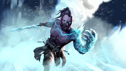 Warrior, master of sword and ice magic runs with a sword into battle surrounded by a winter landscape. 2d illustration © Iobard
