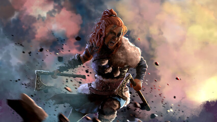 A furious woman warrior rushes with axes to meet the battle and screams against the backdrop of a winter landscape. 2d illustration