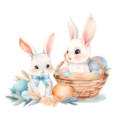 two cute bunnies sitting in a basket of colorful easter eggs. Happy easter watercolor illustration. Isolated. .Generative AI