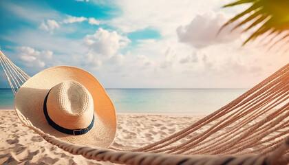 Fototapeta na wymiar Vacances à la plage, hamac avec chapeau de paille sous les palmiers, destination paradisiaque, repos et tranquillité (AI) 