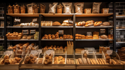 An organic, eco-friendly vegan grocery and bakery store featuring a wooden wall and parquet floor, offering a variety of bread, buns, and snacks on shelves for a healthy shopping lifestyle, perfect fo - obrazy, fototapety, plakaty