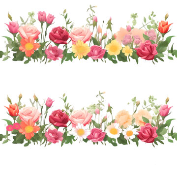 Springtime flower borders. Horizontal line of flowers with pink and yellow flowers.Generative AI
