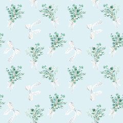 Seamless watercolor pattern with eucalyptus and gypsophila bouquets, white lace bows on blue background. Can be used for wedding prints, gift wrapping paper, kitchen textile and fabric prints.