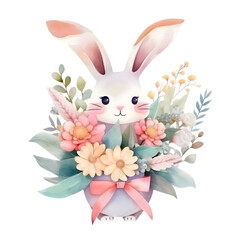 A white easter bunny with flowers and a ribbon.  Fun and Festive Illustration for Spring Celebrations. Generative AI