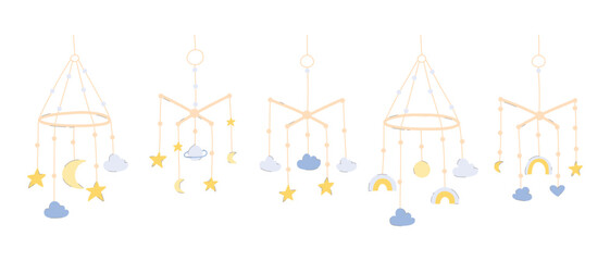 Set Baby toy mobile. Vector illustration.Collection toy in flat style. Hand drawn hanging children toy.