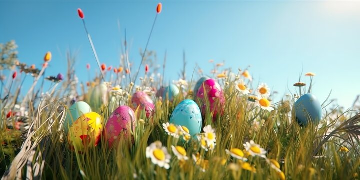 Bunte fr&uuml;hlingswiese. Die Bedeutung von Ostereiern als Symbol des Fr&uuml;hlings, der Tradition und des Neubeginns   (Generative AI) 