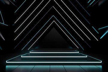 Obraz premium Black stage background with neon lamp. Glowing futuristic product display stand podium Against Background, neon geometric shape for product display presentation.