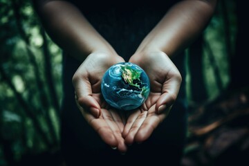 Zum Earth Day die Erde schützen, Erdball in den Händen, im Regenwald, Umweltschutz, KI-Foto