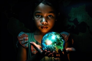 Naklejka premium Ein Mädchen hält die Erde zum Schutz in den Händen. Earth Day am 22. April. Generative KI. 