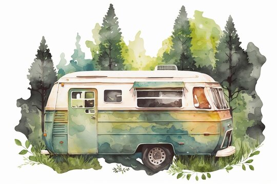 Watercolor illustration of a camper in the forest, wrapped in trees on white background. AI generate