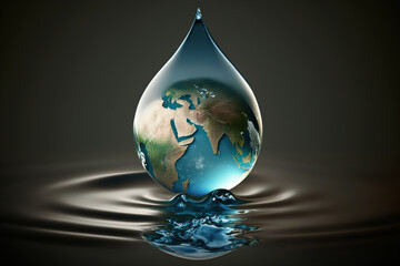 Obraz premium Water drop with planet Earth inside falling on blue sea background, Earth day, World water day concept