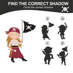 Educational game worksheet for children find the correct shadow silhouette of cute cartoon pirates. Printable worksheet with vector illustrations format. 