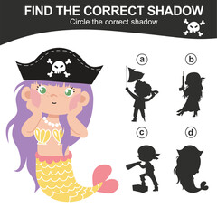 Educational game worksheet for children find the correct shadow silhouette of cute cartoon pirates. Printable worksheet with vector illustrations format. 