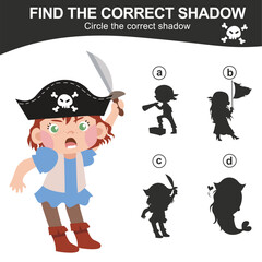 Educational game worksheet for children find the correct shadow silhouette of cute cartoon pirates. Printable worksheet with vector illustrations format. 