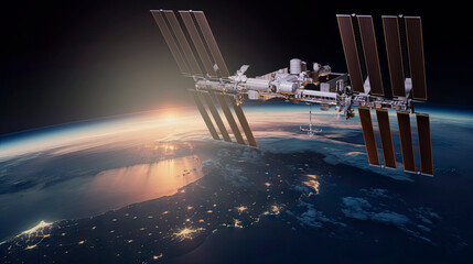 International Space Station And Spacecraft In The Background Of Rising Sun. 3D Illustration. Elements of this image furnished by NASA