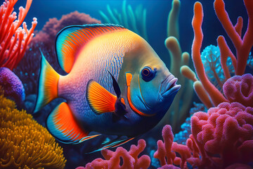 Fototapeta na wymiar Colorful fish in a coral reef in the ocean, illustration generative AI