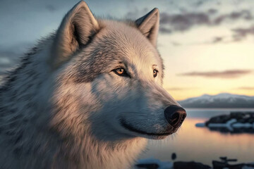 A wolf with a sunset in the background