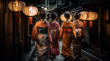 Fototapeta na wymiar A group of Japanese geisha walking down a lantern-lit street Generative AI